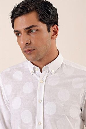 Kısalabilir Kollu Desenli JakarlıCepsiz %100 Pamuk Casual Slim Fit Gömlek 1004230183 Beyaz