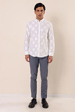 Kısalabilir Kollu Desenli JakarlıCepsiz %100 Pamuk Casual Slim Fit Gömlek 1004230183 Beyaz