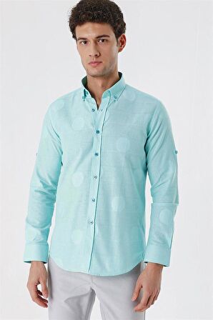 Kısalabilir Kollu Desenli JakarlıCepsiz %100 Pamuk Casual Slim Fit Gömlek 1004230183 Açık Yeşil