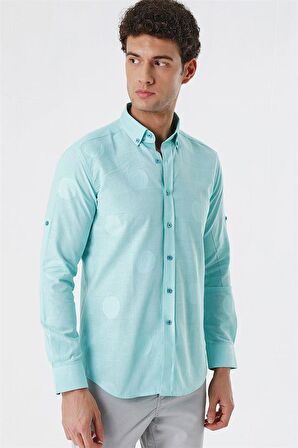 Kısalabilir Kollu Desenli JakarlıCepsiz %100 Pamuk Casual Slim Fit Gömlek 1004230183 Açık Yeşil