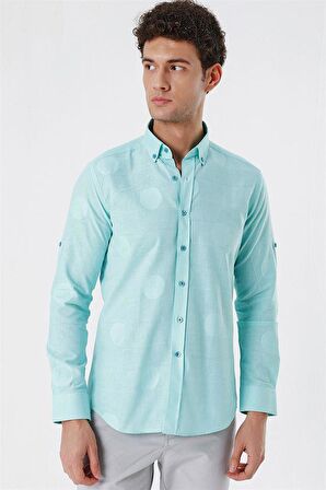 Kısalabilir Kollu Desenli JakarlıCepsiz %100 Pamuk Casual Slim Fit Gömlek 1004230183 Açık Yeşil