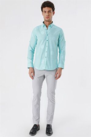 Kısalabilir Kollu Desenli JakarlıCepsiz %100 Pamuk Casual Slim Fit Gömlek 1004230183 Açık Yeşil
