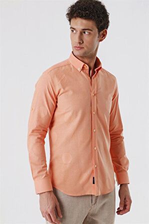 Kısalabilir Kollu Desenli JakarlıCepsiz %100 Pamuk Casual Slim Fit Gömlek 1004230183 Somon