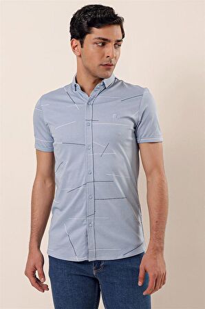 Kısa Kollu Örme Düğmeli Yaka Cepsiz Pamuklu Casual Slim Fit Dar Kesim Gömlek 1004230202 Buz Mavi