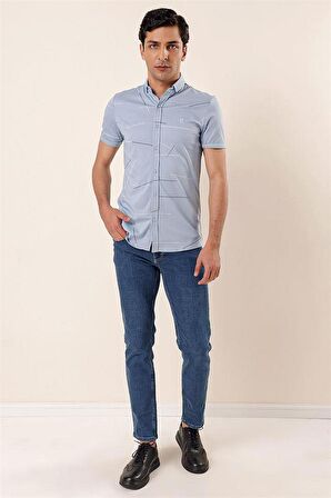 Kısa Kollu Örme Düğmeli Yaka Cepsiz Pamuklu Casual Slim Fit Dar Kesim Gömlek 1004230202 Buz Mavi