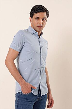 Kısa Kollu Örme Düğmeli Yaka Cepsiz Pamuklu Casual Slim Fit Dar Kesim Gömlek 1004230202 Buz Mavi