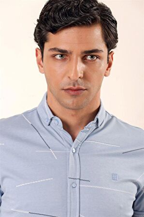 Kısa Kollu Örme Düğmeli Yaka Cepsiz Pamuklu Casual Slim Fit Dar Kesim Gömlek 1004230202 Buz Mavi