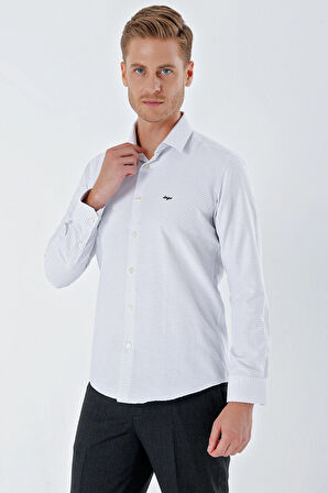 Beyaz Uzun Kollu Desenli Armürlü Sert Yaka Cepsiz Pamuklu Klasik Slim Fit Gömlek 1004230203