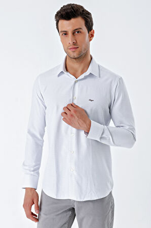 Beyaz Uzun Kollu Desenli Armürlü Sert Yaka Cepsiz Pamuklu Klasik Slim Fit Gömlek 1004230203