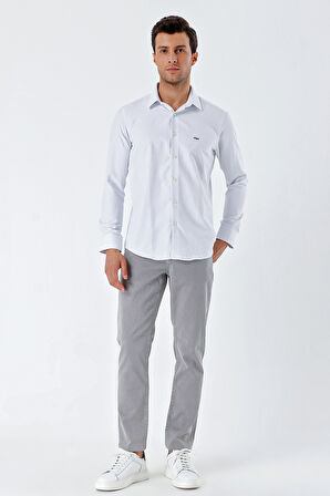 Beyaz Uzun Kollu Desenli Armürlü Sert Yaka Cepsiz Pamuklu Klasik Slim Fit Gömlek 1004230203