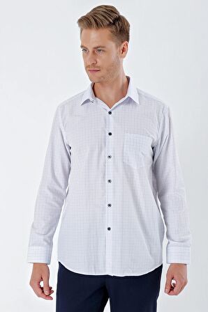 Beyaz Uzun Kollu Kareli Sert Yaka Cepli Pamuklu Klasik Comfort Fit Gömlek 1004230215
