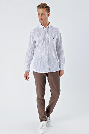 Beyaz Uzun Kollu BaskılıCepli %100 Pamuk Casual Comfort Fit Rahat Kesim Gömlek 1004230225