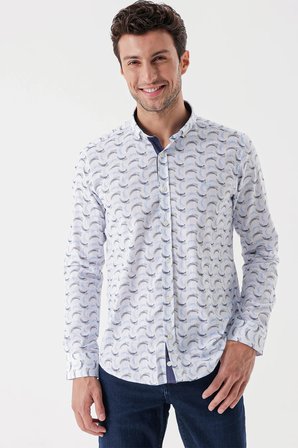 Beyaz Uzun Kollu Baskılı Bez Ayağı Cepsiz Garnili Klasik Slim Fit Dar Kesim Gömlek 1004230228
