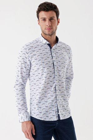 Beyaz Uzun Kollu Baskılı Bez Ayağı Cepsiz Garnili Klasik Slim Fit Dar Kesim Gömlek 1004230228