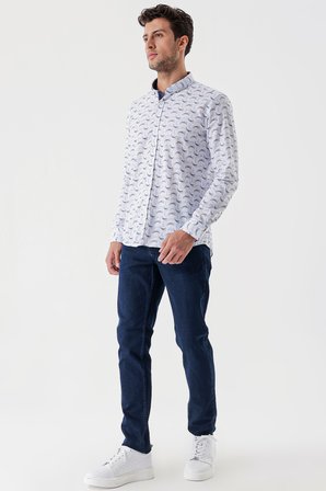 Beyaz Uzun Kollu Baskılı Bez Ayağı Cepsiz Garnili Klasik Slim Fit Dar Kesim Gömlek 1004230228