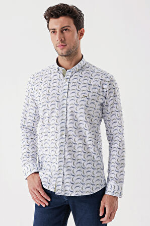 Beyaz Uzun Kollu Baskılı Bez Ayağı Cepsiz Garnili Klasik Slim Fit Dar Kesim Gömlek 1004230228