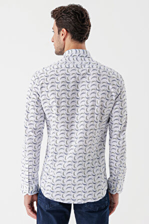 Beyaz Uzun Kollu Baskılı Bez Ayağı Cepsiz Garnili Klasik Slim Fit Dar Kesim Gömlek 1004230228