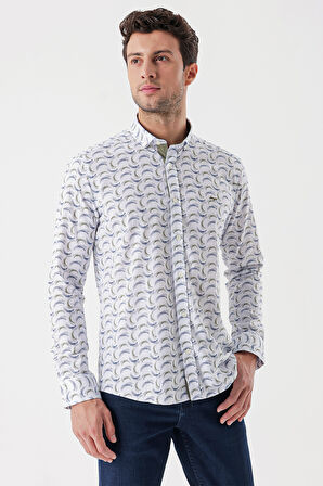 Beyaz Uzun Kollu Baskılı Bez Ayağı Cepsiz Garnili Klasik Slim Fit Dar Kesim Gömlek 1004230228