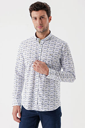 Beyaz Uzun Kollu Baskılı Bez Ayağı Cepsiz Garnili Klasik Slim Fit Dar Kesim Gömlek 1004230228