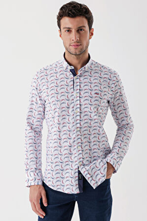 Ekru Uzun Kollu Baskılı Bez Ayağı Cepsiz Garnili Klasik Slim Fit Dar Kesim Gömlek 1004230228