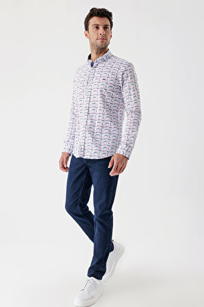 Ekru Uzun Kollu Baskılı Bez Ayağı Cepsiz Garnili Klasik Slim Fit Dar Kesim Gömlek 1004230228