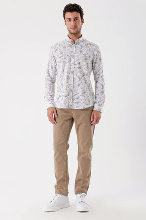 Beyaz Uzun Kollu Baskılı Bez Ayağı Cepsiz Garnili Klasik Slim Fit Dar Kesim Gömlek 1004230229
