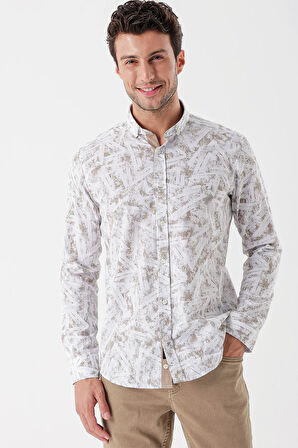 Beyaz Uzun Kollu Baskılı Bez Ayağı Cepsiz Garnili Klasik Slim Fit Dar Kesim Gömlek 1004230229