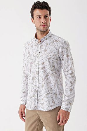 Beyaz Uzun Kollu Baskılı Bez Ayağı Cepsiz Garnili Klasik Slim Fit Dar Kesim Gömlek 1004230229