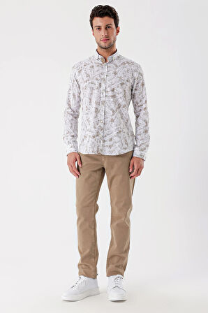 Beyaz Uzun Kollu Baskılı Bez Ayağı Cepsiz Garnili Klasik Slim Fit Dar Kesim Gömlek 1004230229