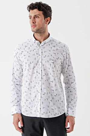 Beyaz Uzun Kollu Baskılı Bez Ayağı Cepsiz Garnili Klasik Slim Fit Dar Kesim Gömlek 1004230230