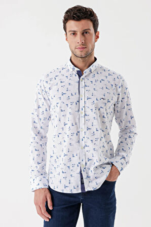 Beyaz Uzun Kollu Baskılı Bez Ayağı Cepsiz Garnili Klasik Slim Fit Dar Kesim Gömlek 1004230230