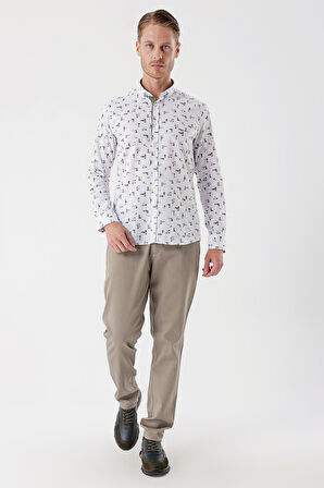 Beyaz Uzun Kollu Baskılı Bez Ayağı Cepsiz Garnili Klasik Slim Fit Dar Kesim Gömlek 1004230230