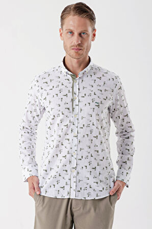 Beyaz Uzun Kollu Baskılı Bez Ayağı Cepsiz Garnili Klasik Slim Fit Dar Kesim Gömlek 1004230230