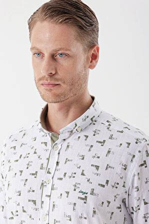 Beyaz Uzun Kollu Baskılı Bez Ayağı Cepsiz Garnili Klasik Slim Fit Dar Kesim Gömlek 1004230230