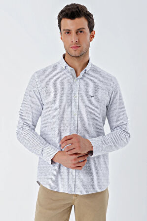 Beyaz Uzun Kollu Baskılı Bez Ayağı Cepsiz Garnili Klasik Slim Fit Dar Kesim Gömlek 1004230232