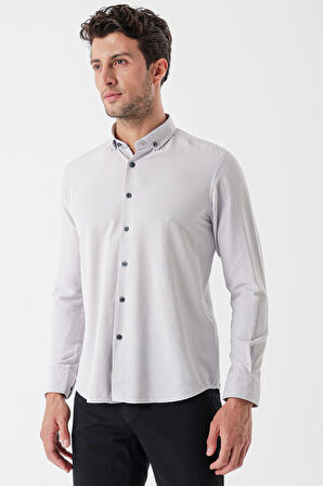 Gri Uzun Kollu Çizgili Gofreli Cepsiz Klasik Slim Fit Dar Kesim Gömlek 1004230233