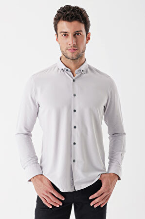 Gri Uzun Kollu Çizgili Gofreli Cepsiz Klasik Slim Fit Dar Kesim Gömlek 1004230233