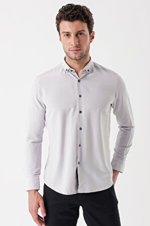 Gri Uzun Kollu Çizgili Gofreli Cepsiz Klasik Slim Fit Dar Kesim Gömlek 1004230233