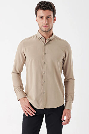 Bej Uzun Kollu Çizgili Gofreli Cepsiz Klasik Slim Fit Dar Kesim Gömlek 1004230233