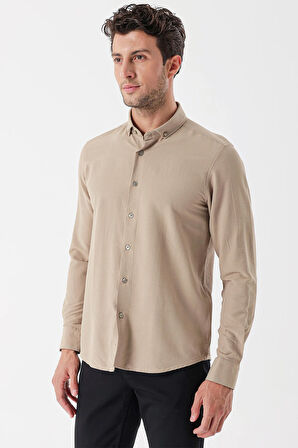Bej Uzun Kollu Çizgili Gofreli Cepsiz Klasik Slim Fit Dar Kesim Gömlek 1004230233