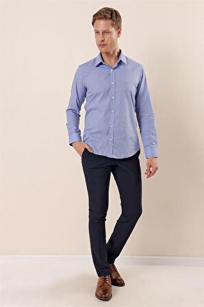 Uzun Kollu Filafil Desen Filafil Sert Yaka Cepsiz Pamuklu Basic Slim Gömlek 1004230907 Mavi