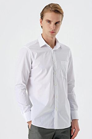 Beyaz Uzun Kollu Filafil Desen Sert Yaka Cepli Basic Comfort Fit Rahat Kesim Gömlek 1004235002