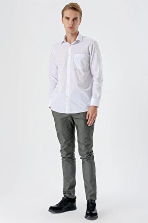 Beyaz Uzun Kollu Filafil Desen Sert Yaka Cepli Basic Comfort Fit Rahat Kesim Gömlek 1004235002