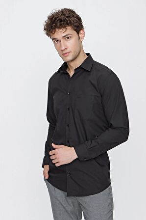 Siyah Uzun Kollu Bez Ayağı Sert Yaka Cepli Basic Comfort Fit Rahat Kesim Gömlek 1004235051