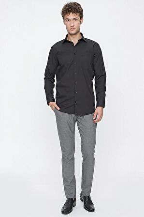 Siyah Uzun Kollu Bez Ayağı Sert Yaka Cepli Basic Comfort Fit Rahat Kesim Gömlek 1004235051