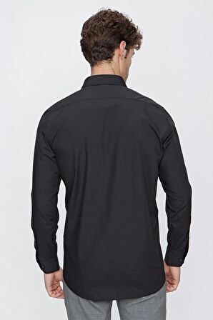 Siyah Uzun Kollu Bez Ayağı Sert Yaka Cepli Basic Comfort Fit Rahat Kesim Gömlek 1004235051