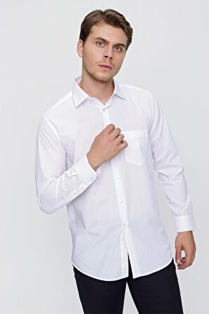 Beyaz Uzun Kollu Bez Ayağı Sert Yaka Cepli Basic Comfort Fit Rahat Kesim Gömlek 1004235051