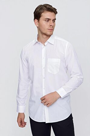Beyaz Uzun Kollu Bez Ayağı Sert Yaka Cepli Basic Comfort Fit Rahat Kesim Gömlek 1004235051