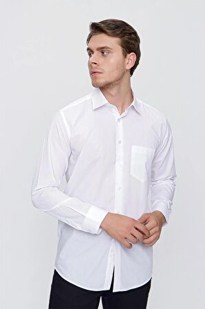 Beyaz Uzun Kollu Bez Ayağı Sert Yaka Cepli Basic Comfort Fit Rahat Kesim Gömlek 1004235051
