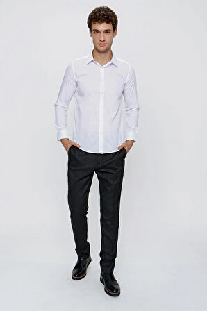 Beyaz Uzun Kollu Bez Ayağı Sert Yaka Cepsiz Basic Slim Fit Dar Kesim Gömlek 1004235057